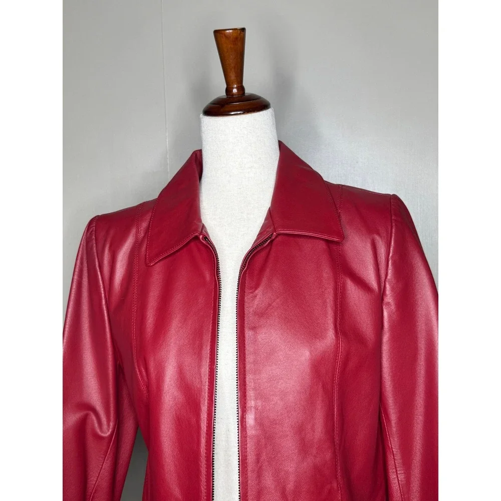 Adler Collection Red Leather Zip Front Jacket Women's Medium Tailored Minimalist - Picture 2 of 8
